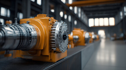 Fototapeta premium Industrial machinery displayed inside a large factory with bright lighting.