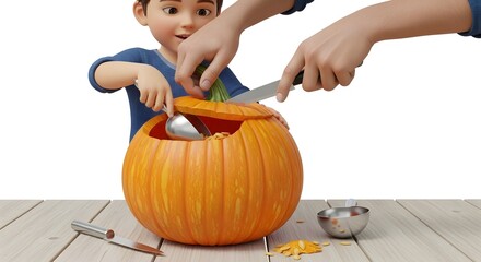 Young Child Carving Pumpkin with Adult Hands During Fall Halloween Season