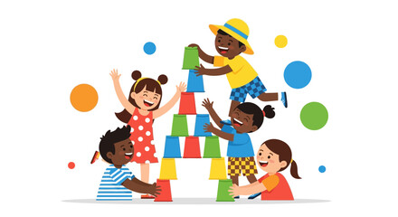 Joyful Children Collaboratively Building Tower With Cups During Playful and Cheerful Activity