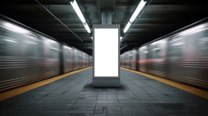 A subway platform features a blank advertising panel with trains speeding by, showcasing a bustling urban transportation scene.