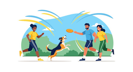 Fototapeta premium Joyful Friends Playing Frisbee With Happy Canine Companion On A Sunny Day