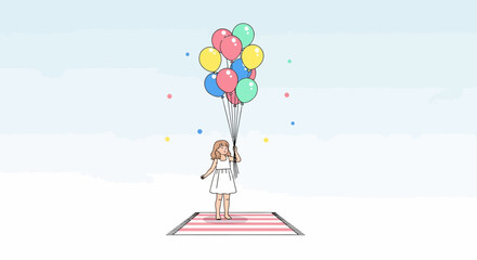 Joyful Girl Holding Colorful Balloons, Standing on a Striped Rug under a Pastel Sky