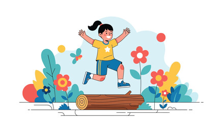 Joyful Girl Leaping Over Log Among Flowers, Capturing Playful Moment In Nature