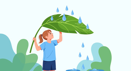 Joyful Girl Sheltering Under Leaf Amidst Rain Drops and Serene Surroundings