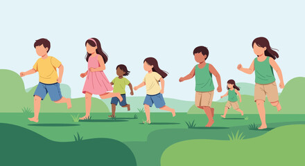 Joyful Group Of Children Sprinting Across A Verdant Landscape During Daytime