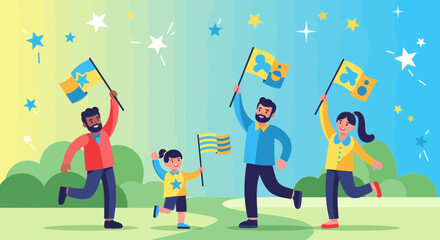 Joyful Group Of People Waving Abstract Flags And Celebrating Together Outdoors