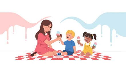 Joyful Ice Cream Time Shared Between Mother And Little Children On A Chequered Picnic Blanket