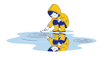 Joyful Illustration of a Child's Reflection in a Rain Puddle on a Bright Day