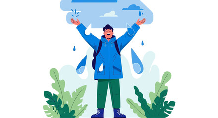 Joyful Individual Experiencing Refreshing Rainfall Beneath the Cloud, Embracing Nature