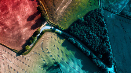Aerial view of colorful fields a road and a patch of trees.