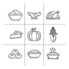 Hand drawn thanksgiving food icons representing classic holiday dishes and harvest symbols silhouette