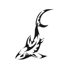 A dynamic black silhouette of a shark with powerful tribal patterns integrated into its body, making it ideal for logos, tattoos, or aggressive-themed designs.