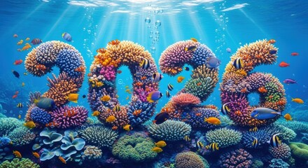 Obraz premium Vibrant Coral Reef 2026: Underwater Celebration with Colorful Fish and Sunbeams