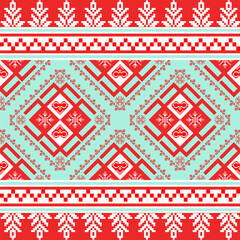 Festive diamond pattern with alternating heart and snowflake details inside each diamond. The design runs across the center on a refreshing mint green background, bordered with bold red edges at the t
