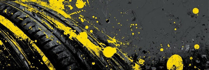 Black tire track with yellow paint splashes on dark background. Concept of automotive design, transportation, racing, speed, dynamic energy, car service, advertising backdrop and modern graphic textur