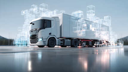 A white semi-truck with a digital overlay driving on a road.
