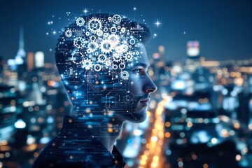 Futuristic concept of artificial intelligence and human brain integration with gears and circuits on a city night background, symbolizing modern business innovation. Ai generative