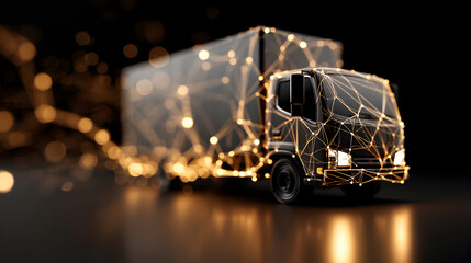 A digital truck with glowing lines against a dark background.