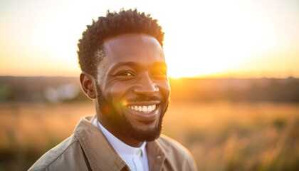 Smiling Black man enjoying the warm golden light of a sunset. The man is outdoors in nature