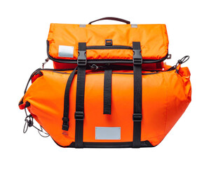  “Compact Folded Emergency Raft Ready for Deployment, isolated on a transparent background”.