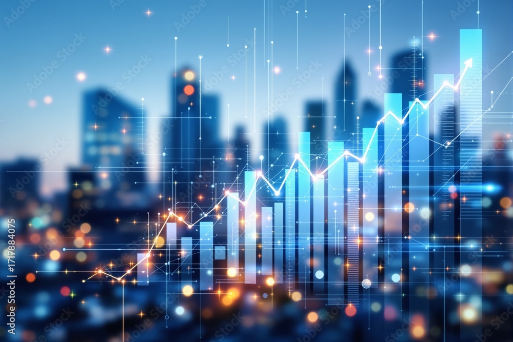Poster rising bar and line graph with futuristic data interface over cityscape background showing business 