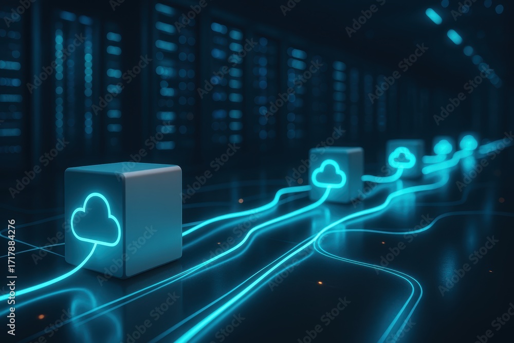 Poster data cloud: a mesmerizing depiction of a data center, where interconnected cloud-shaped blocks symbo