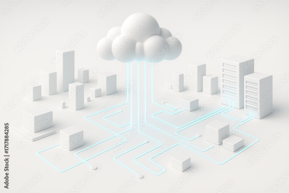 Poster cloud-connected city: a minimalist digital rendering presents a futuristic cityscape seamlessly conn