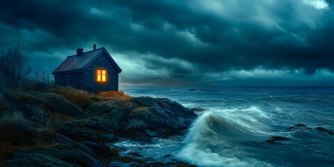 Coastal cabin by calm sea horizon view