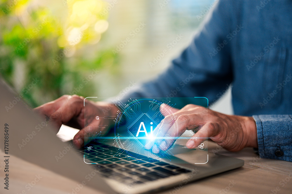 Poster businessman uses tools an ai assistant to represent smart technology, artificial intelligence innova
