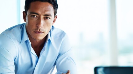 formal. Focused male professional at a minimalist desk, bathed in soft left-side window light. pitch deck slides, case study pages, designed for corporate presentation decks and stakeholder reports.