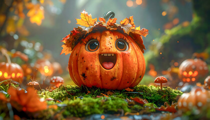 Eine m&auml;rchenhafte Szene mit einem fr&ouml;hlich lachenden K&uuml;rbis der eine Krone aus Herbstlaub tr&auml;gt - fotorealistische Illustration mit schemenhaftem Wald im Hintergrund