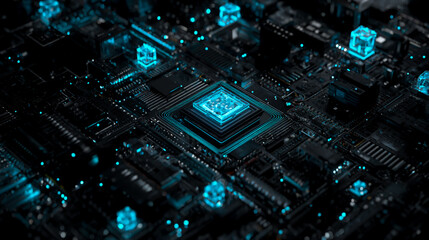 Fototapeta premium 3D render of a futuristic, glowing computer mainboard with microchips and crystals, top view.