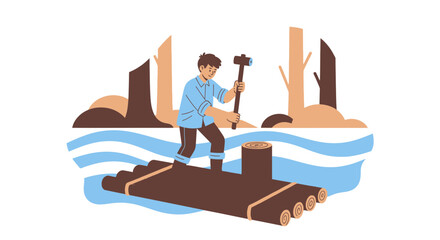 Obraz premium Man Crafting A Raft In A River Depicting Resourcefulness And Environmental Awareness