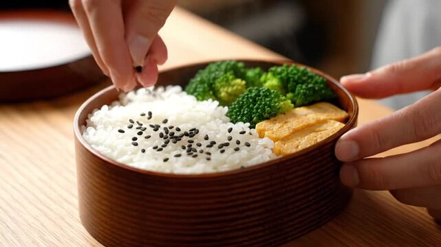 Preparing a Healthy Bento Box: Rice, Broccoli, and Egg