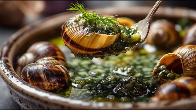 Close-up of gourmet escargot served in garlic herb butter, traditional French delicacy in rustic bowl with fresh garnish
