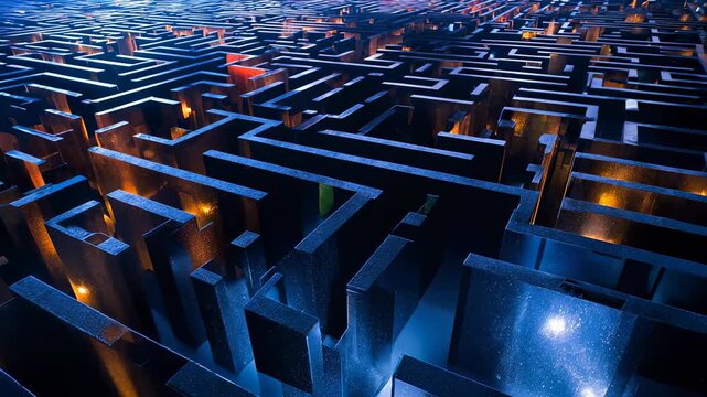 Vast maze glows with a network of lights, symbolizing complexity, security, logistics, and the journey of finding a solution in a digital age.