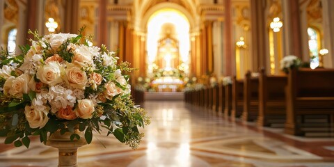Fototapeta premium A large, vibrant floral arrangement sits prominently in the foreground of a grand, ornate church interior. The flowers, primarily roses in shades of peach, blush, and cream