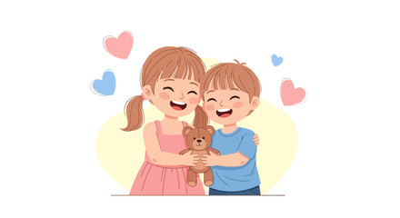 Joyful Siblings Embrace Happiness Together Showing Affection Among Lovely Hearts