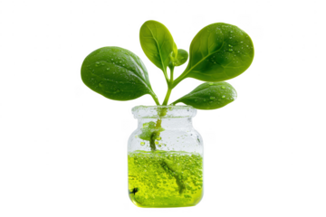 A delicate young plant sprouting from a glass jar with vibrant green liquid transparent