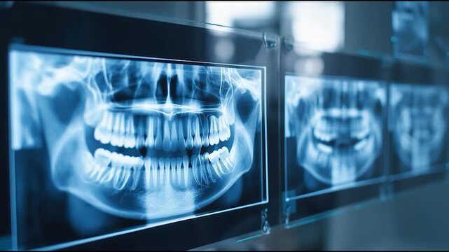 Close-up of panoramic dental X-ray images showing human teeth and jaw structure in a modern medical or dental clinic
