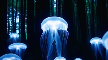 Bioluminescent jellyfish in a dark forest - Powered by Adobe