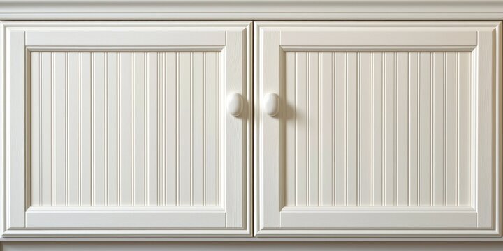 A closed cabinet with two doors, featuring vertical paneling and round knobs. The cabinet is painted in a light beige color. 