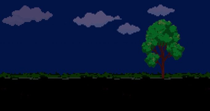 green tree in the night at night. Animation of old style pixel game.