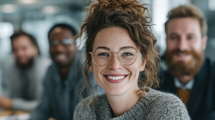 Fototapeta premium Portrait of a Confident Young Businesswoman Smiling in a Diverse Team Meeting.