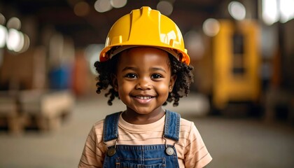 Smiling child wears a yellow hard hat, looking directly at viewer in workshop