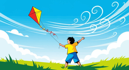 Joyful Youthful Activity Involving A Colorful Kite In A Vibrant Sunny Sky