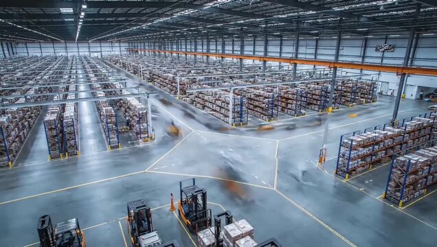 Expansive industrial warehouse interior with rows of storage racks, merchandise, and forklifts ready for logistics operations
