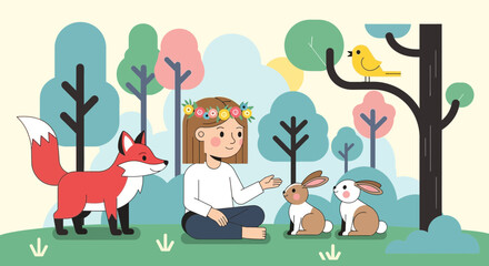 Fototapeta premium Kind Girl Interacting With Animals In A Vibrant And Peaceful Natural Setting
