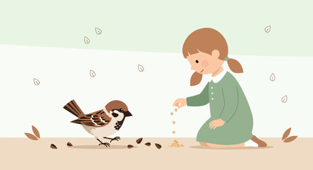 Fototapeta premium Kindred Spirit: A Delightful Moment of Shared Kindness Between a Child and a Sparrow