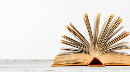 Open Book on Wooden Table with Pages Fanned Out in Bright Natural Light